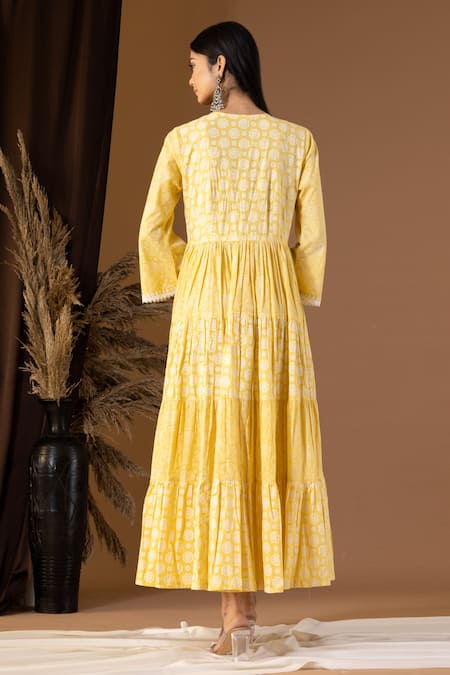 Abbaran Flora Pattern Tiered V Neck Dress 