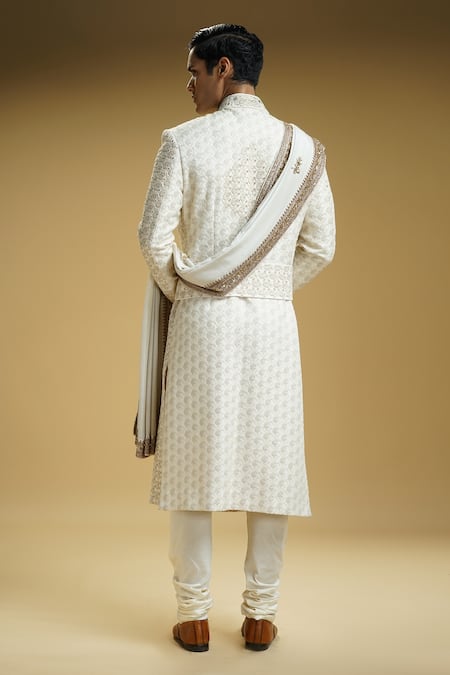 Shop Kommal Sood Off White Silk, , Satin Embroidery Sherwani Set With Stole at Aza Fashions Shop_Kommal Sood_Off White Silk, , Satin Embroidery Sherwani Set With Stole _at_Aza_Fashions