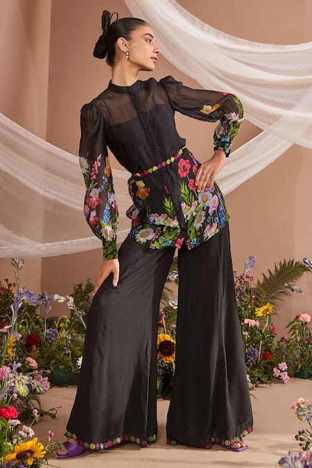 Shop Dohr India Black Organza, Crepe, Cotton Embroidery Mandarin Floral Print Shirt And Pant Set at Aza Fashions Shop_Dohr India_Black Organza, Crepe, Cotton Embroidery Mandarin Floral Print Shirt And Pant Set _at_Aza_Fashions