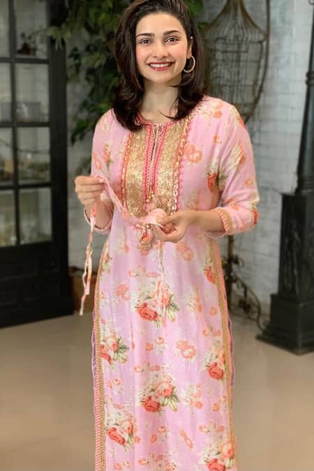Shop_Gopi Vaid_Pink Cotton Silk Print Flower Bagh Round Neck Tunic _at_Aza_Fashions