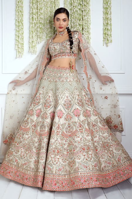 Shop Pallavi Poddar Ivory Silk, Tulle Embroidery Asymmetric Iskcon Resham Bridal Lehenga Set at Aza Fashions Shop_Pallavi Poddar_Ivory Silk, Tulle Embroidery Asymmetric Iskcon Resham Bridal Lehenga Set _at_Aza_Fashions