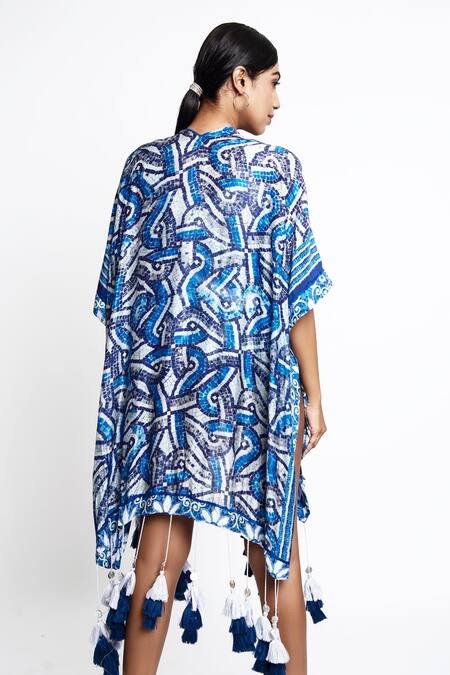 Shop_Anmol Kakad_Blue Cotton, Silk Tassels Open Neck Mosaic Pattern Hem Cover Up_at_Aza_Fashions