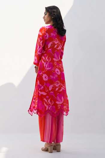 Shop Archana Shah Red Silk Pomegranate Round Virtue Pomo Pattern Kurta And Pant Set at Aza Fashions Shop_Archana Shah_Red Silk Pomegranate Round Virtue Pomo Pattern Kurta And Pant Set _at_Aza_Fashions
