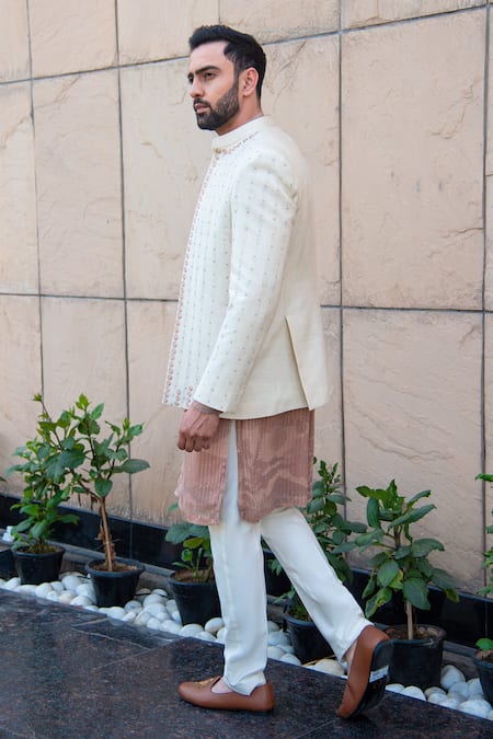 Shop_Soniya G_Ivory Handloom Cotton, Silk Sequins, Embroidery Geometric Pattern Bandhgala Set _at_Aza_Fashions