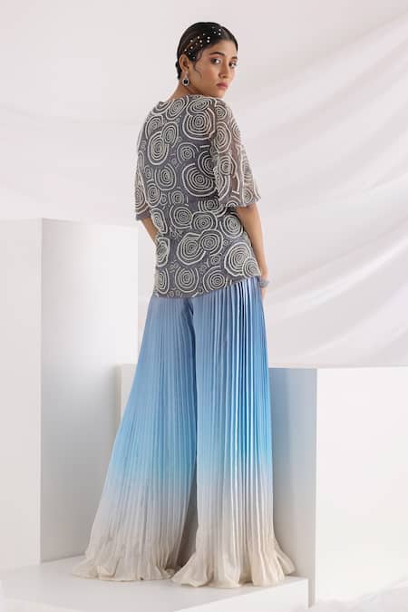 Shop Smriti By Anju Agarwal Grey Silk, Organza, Crepe, Taffeta Pearls Sign Of The Painted Jacket And Pant Set at Aza Fashions Shop_Smriti By Anju Agarwal_Grey Silk, Organza, Crepe, Taffeta Pearls Sign Of The Painted Jacket And Pant Set _at_Aza_Fashions