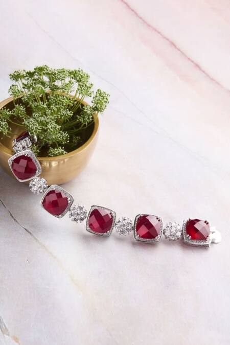 Shop Mozaati Red Cubic Zirconia Handcrafted Danya Bracelet at Aza Fashions Shop_Mozaati_Red Cubic Zirconia Handcrafted Danya Bracelet_at_Aza_Fashions