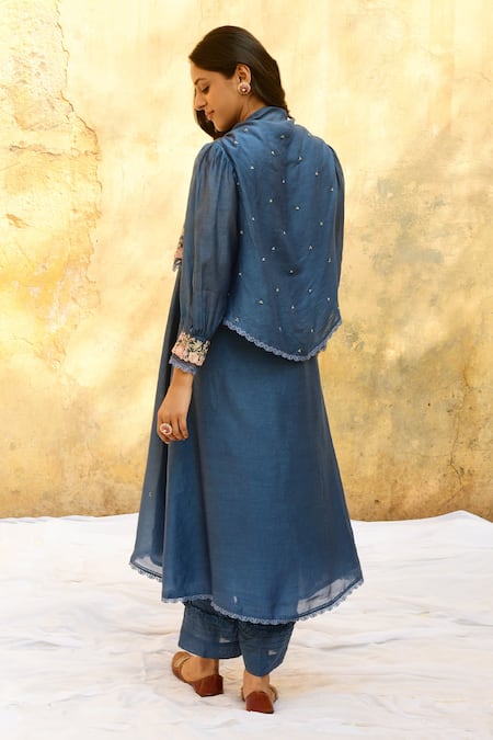 Shop_Label Niti Bothra_Blue Silk Pearls, Beads, Embroidery V-neck Jacket Kurta And Palazzo Set _at_Aza_Fashions