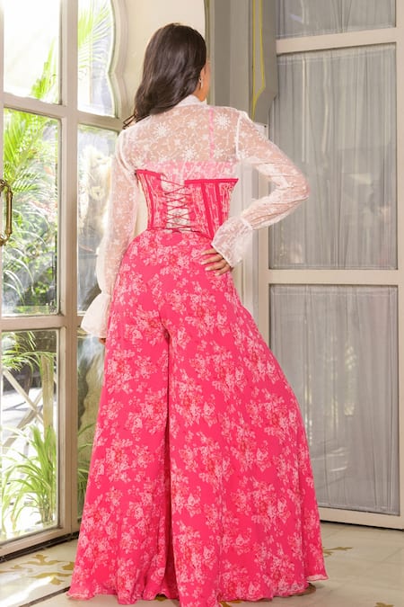 Shop Suruchi Parakh Pink Georgette Embroidery Collared Floral Thread Shirt And Pant Set at Aza Fashions Shop_Suruchi Parakh_Pink Georgette Embroidery Collared Floral Thread Shirt And Pant Set _at_Aza_Fashions