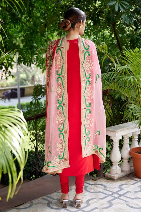 Shop Atelier Shikaarbagh Red Satin, Cotton, Organza, Lurex Floral Kurta Churidar Set at Aza Fashions Shop_Atelier Shikaarbagh_Red Satin, Cotton, Organza, Lurex Floral Kurta Churidar Set _at_Aza_Fashions