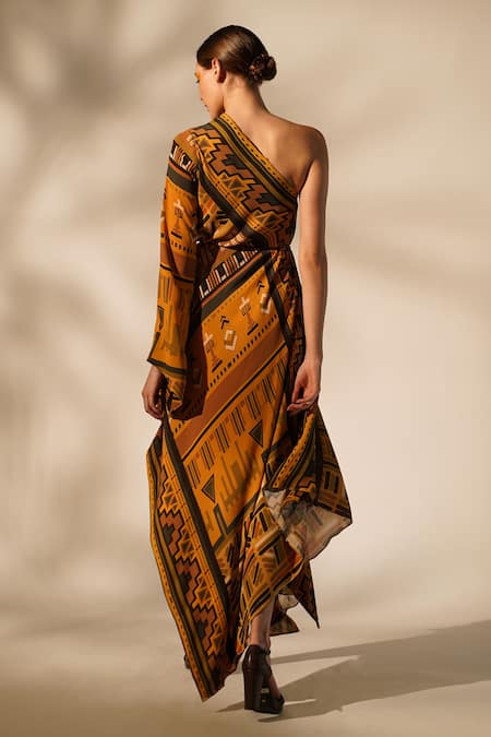 Shop Nikita Mhaisalkar Yellow Georgette Beads Asymmetric Aztec Print Dress at Aza Fashions Shop_Nikita Mhaisalkar_Yellow Georgette Beads Asymmetric Aztec Print Dress _at_Aza_Fashions