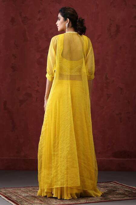 Shop_Minaki_Yellow Georgette, Organza, Silk Embroidery, Pearls, Border Cape Sharara Set _at_Aza_Fashions