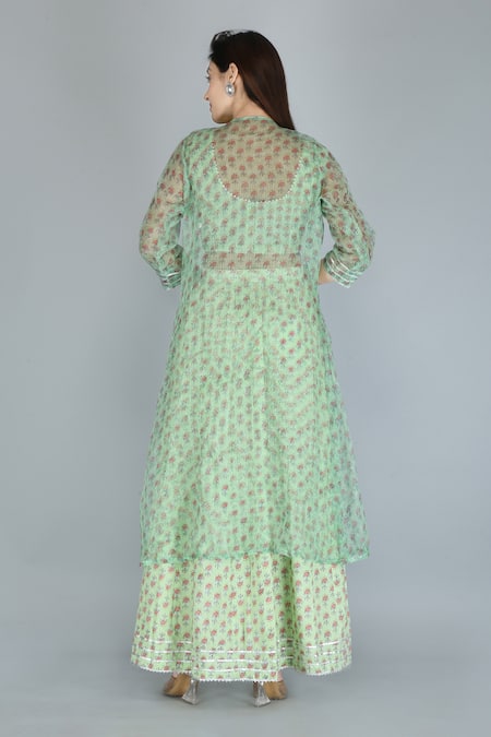 Shop_Kalakaari By Sagarika_Green Pure Cotton Printed Floral Round Blouse And Skirt Set _at_Aza_Fashions