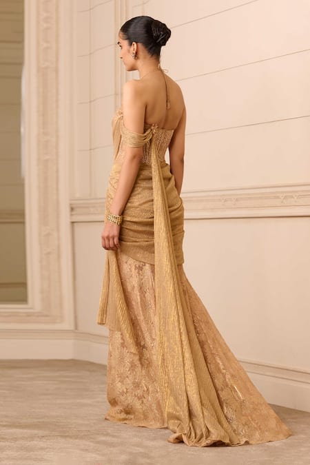 Shop_Tarun Tahiliani_Gold Crepe, Tulle Crystals Round Neck French Lace Saree Gown_at_Aza_Fashions
