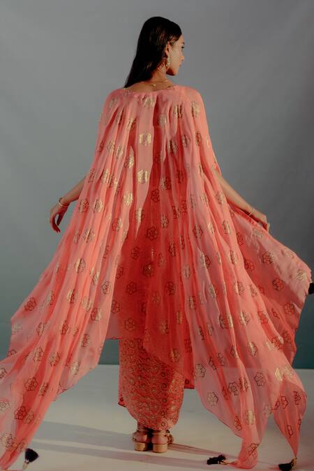 Aaryaa By Kashveen Kohli Floral Foil Print Cape Skirt Set 