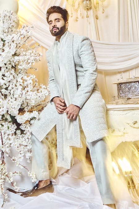 Shop Varun Chakkilam Grey Silk, Twill Pearls, Beads Embroidered Sherwani Set at Aza Fashions Shop_Varun Chakkilam_Grey Silk, Twill Pearls, Beads Embroidered Sherwani Set _at_Aza_Fashions