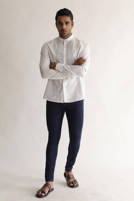 Shop_Kaha_White Italian Cotton Plain Perforated Yoke Shirt_at_Aza_Fashions