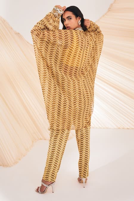 Shop Divya Aggarwal Yellow Silk, Chiffon Mirrors Collared Riley Swirl Print Kaftan Pant Set at Aza Fashions Shop_Divya Aggarwal_Yellow Silk, Chiffon Mirrors Collared Riley Swirl Print Kaftan Pant Set _at_Aza_Fashions