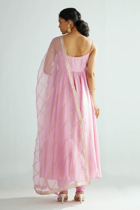Shop Priyal Prakash Pink Chanderi, Cotton, Organza Embroidery, Solid Anarkali Set With Dupatta at Aza Fashions Shop_Priyal Prakash_Pink Chanderi, Cotton, Organza Embroidery, Solid Anarkali Set With Dupatta _at_Aza_Fashions