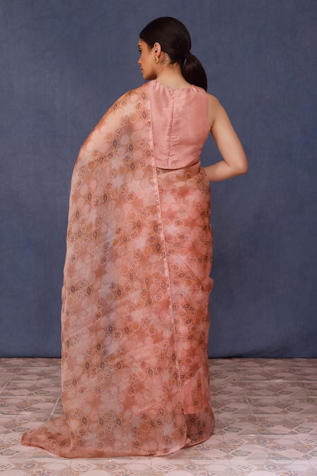 Shop_Chokhi Chorri_Pink Saree Silk Organza Print Moroccan Tile Round Neck Amina With Blouse _at_Aza_Fashions