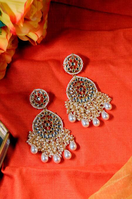 Buy Ishhaara Gold Plated Pearls, Stones Floral Kundan And Drop Chandbali Earrings Online at Aza Fashions Buy_Ishhaara_Gold Plated Pearls, Stones Floral Kundan And Drop Chandbali Earrings _Online_at_Aza_Fashions