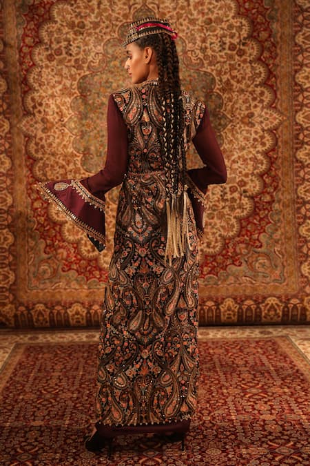 Shop_Aditi Gupta_Wine Satin Woven And Embroidered Jamawar Pattern Kashida Draped Skirt Set _at_Aza_Fashions
