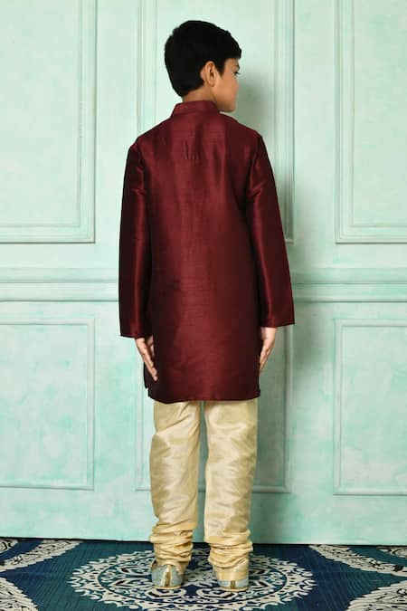 Shop Petite Pomme Maroon Silk Patterned Kurta at Aza Fashions Shop_Petite Pomme_Maroon Silk Patterned Kurta _at_Aza_Fashions