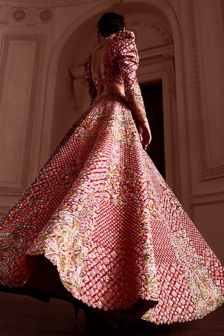 Shop Mrunalini Rao Red Rayon, Organza, Silk Cut Work, Mayna Mosaic Lehenga And Blouse Set at Aza Fashions Shop_Mrunalini Rao_Red Rayon, Organza, Silk Cut Work, Mayna Mosaic Lehenga And Blouse Set _at_Aza_Fashions