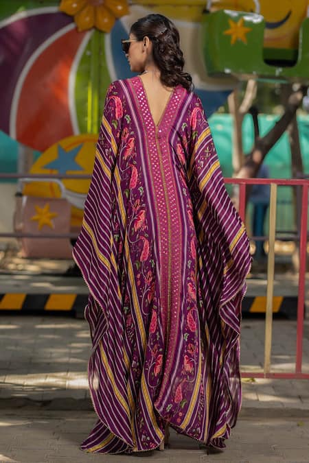 Shop_Irrau by Samir Mantri_Multi Color Chiffon, Crepe Beads, Sequins V-neck Floral Stripe Print Kaftan _at_Aza_Fashions