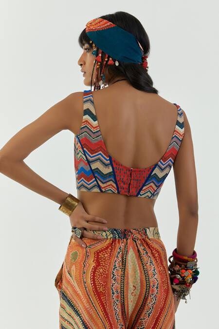 Shop Aseem Kapoor Multi Color Cotton Silk Bead Scoop Neck Adah Embroidered Corset Blouse at Aza Fashions Shop_Aseem Kapoor_Multi Color Cotton Silk Bead Scoop Neck Adah Embroidered Corset Blouse_at_Aza_Fashions