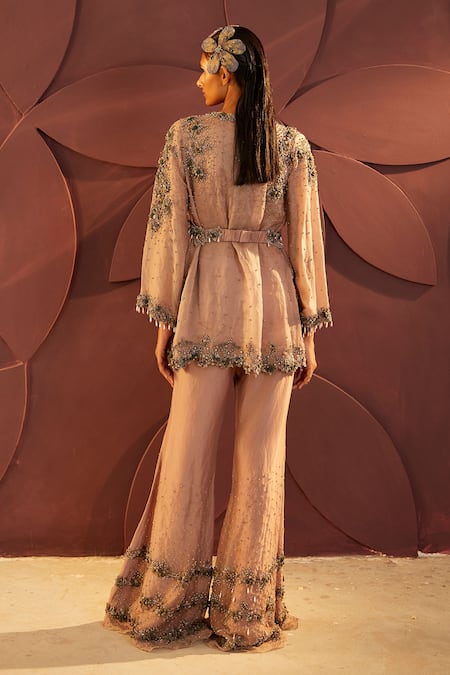 Shop_Parul And Preyanka_Beige Silk Organza Embroidery Zari Jacket Open Doux Pant Set _at_Aza_Fashions
