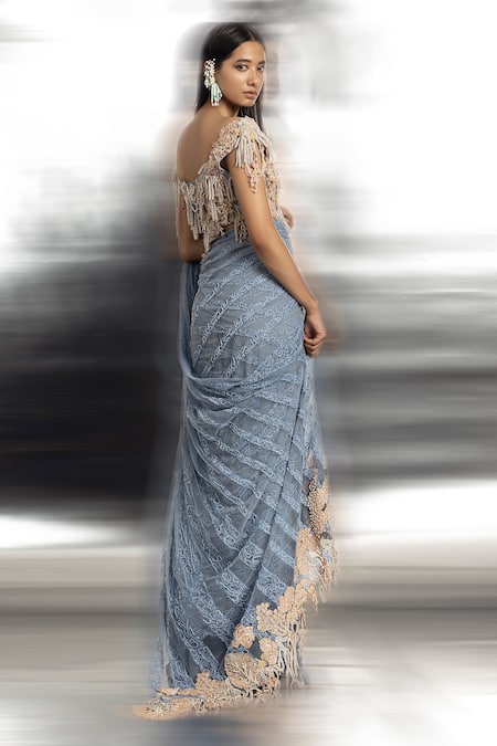 Abhishek Sharma Resham & Bead Embroidered Saree With Blouse 