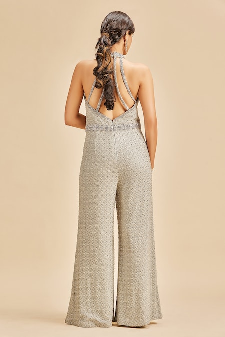 Shop Nitika Gujral Grey Georgette Embroidery Resham And Metallic Beads Halter Neck Jumpsuit at Aza Fashions Shop_Nitika Gujral_Grey Georgette Embroidery Resham And Metallic Beads Halter Neck Jumpsuit _at_Aza_Fashions