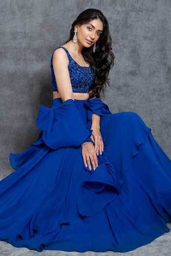 Shop Sunita Bhandari Blue Viscose Sequins, Beads V-neck Layered Lehenga Embroidered Blouse Set at Aza Fashions Shop_Sunita Bhandari_Blue Viscose Sequins, Beads V-neck Layered Lehenga Embroidered Blouse Set _at_Aza_Fashions