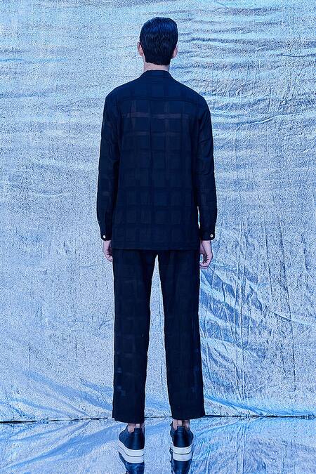 Shop_Line Out Line_Blue Cotton Threadwork Checkered Shirt And Pant Set_at_Aza_Fashions