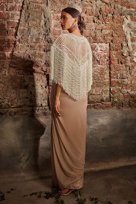 Cherie D Sovereign Pearl Embroidered Cape & Draped Skirt Set 