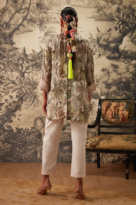 Shop Kalista Ivory Cotton Satin, Viscose Mandarin Camila Tropical Pattern Tunic And Pant Set at Aza Fashions Shop_Kalista_Ivory Cotton Satin, Viscose Mandarin Camila Tropical Pattern Tunic And Pant Set _at_Aza_Fashions