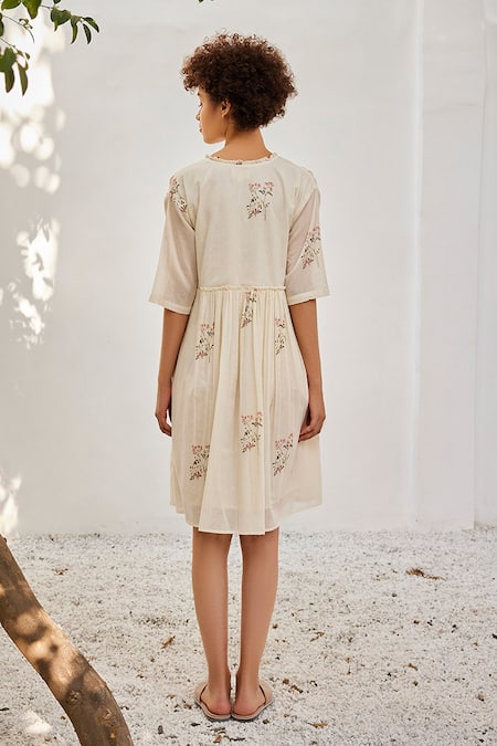 Shop Kharakapas Yellow Cotton Embroidery Round Neck Solid Ruffled Dress at Aza Fashions Shop_Kharakapas_Yellow Cotton Embroidery Round Neck Solid Ruffled Dress_at_Aza_Fashions