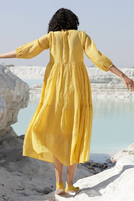 Shop Tatwa Yellow Handloom Cotton, Viscose Embroidery Round Neck Chanderi Resham Dress at Aza Fashions Shop_Tatwa_Yellow Handloom Cotton, Viscose Embroidery Round Neck Chanderi Resham Dress _at_Aza_Fashions