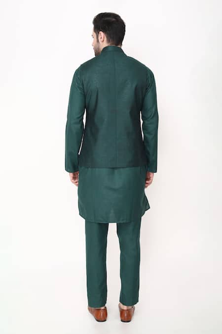 Shop Manish Nagdeo Green Silk, Cotton Bottle Quilted Bundi Jacket Set at Aza Fashions Shop_Manish Nagdeo_Green Silk, Cotton Bottle Quilted Bundi Jacket Set _at_Aza_Fashions