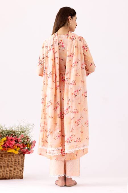 Shop Abbaran Peach Cotton Embroidery V-neck Flower Print Gathered Anarkali Set at Aza Fashions Shop_Abbaran_Peach Cotton Embroidery V-neck Flower Print Gathered Anarkali Set_at_Aza_Fashions