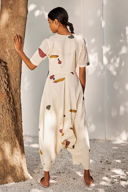 Shop_Kharakapas_Cream Cotton V-neck Time Lapse Terracotta Print Jumpsuit _at_Aza_Fashions