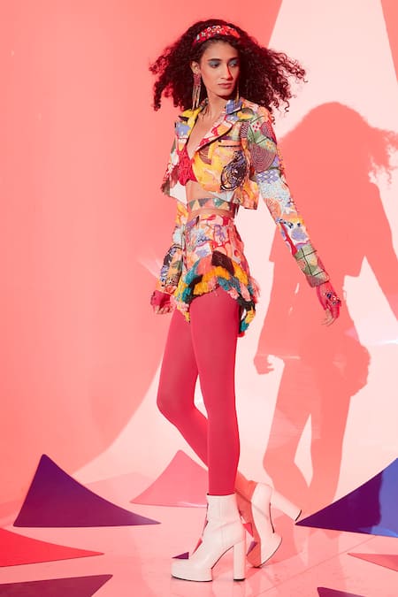 Shop Esha L Amin Multi Color Viscose, Crepe Embroidery Collared Stella Crop Jacket at Aza Fashions Shop_Esha L Amin_Multi Color Viscose, Crepe Embroidery Collared Stella Crop Jacket _at_Aza_Fashions