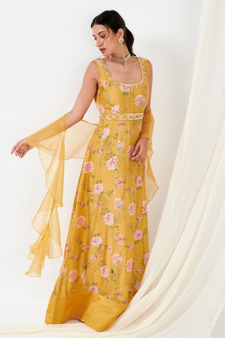 Shop Label Flamingo By Vrinda Yellow Cotton, Silk, Chiffon Rosette Print Panelled Anarkali With Dupatta at Aza Fashions Shop_Label Flamingo By Vrinda_Yellow Cotton, Silk, Chiffon Rosette Print Panelled Anarkali With Dupatta _at_Aza_Fashions