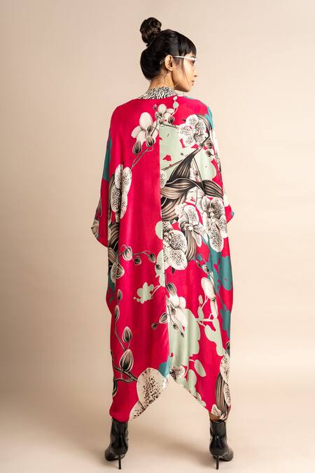 Shop_Nupur Kanoi_Magenta Satin Embroidery V-neck Floret Print Kaftan _at_Aza_Fashions