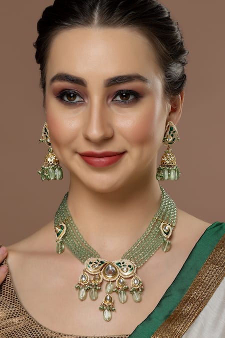 Shop Dugran By Dugristyle Green Pearls, Stones, Metallic Thread Meenakari Work Pendant Necklace Set at Aza Fashions Shop_Dugran By Dugristyle_Green Pearls, Stones, Metallic Thread Meenakari Work Pendant Necklace Set _at_Aza_Fashions