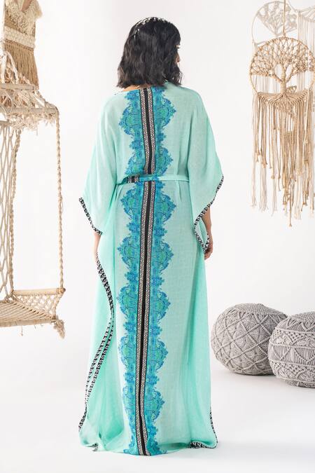 Shop_Chhavvi Aggarwal_Blue Crepe Tassels V-neck Floret Print Kaftan _at_Aza_Fashions
