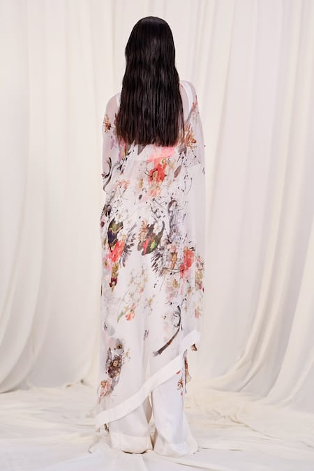 Shop AK-OK White Silk Embroidery Round Neck Top And Trouser Set With Floral Print Kaftan at Aza Fashions Shop_AK-OK_White Silk Embroidery Round Neck Top And Trouser Set With Floral Print Kaftan _at_Aza_Fashions