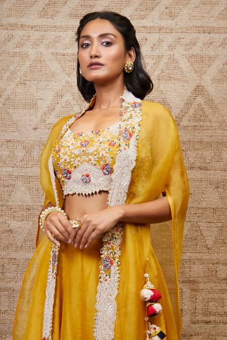 Shop_Prisho_Yellow Silk, Organza Embroidery, Tassels Scoop Neck Cape And Lehenga Set_at_Aza_Fashions