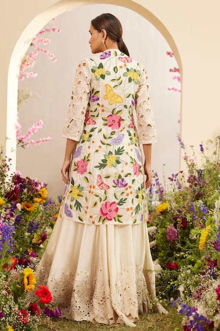 Shop Chandrima Ivory Chanderi Embroidery High Neck Ruched Maxi Dress at Aza Fashions Shop_Chandrima_Ivory Chanderi Embroidery High Neck Ruched Maxi Dress _at_Aza_Fashions