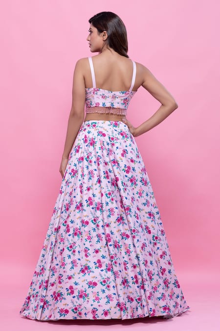 Shop Label Priyanka Kar White Cotton Satin Embroidery, Beads Sweetheart Floral Printed Lehenga Set at Aza Fashions Shop_Label Priyanka Kar_White Cotton Satin Embroidery, Beads Sweetheart Floral Printed Lehenga Set _at_Aza_Fashions